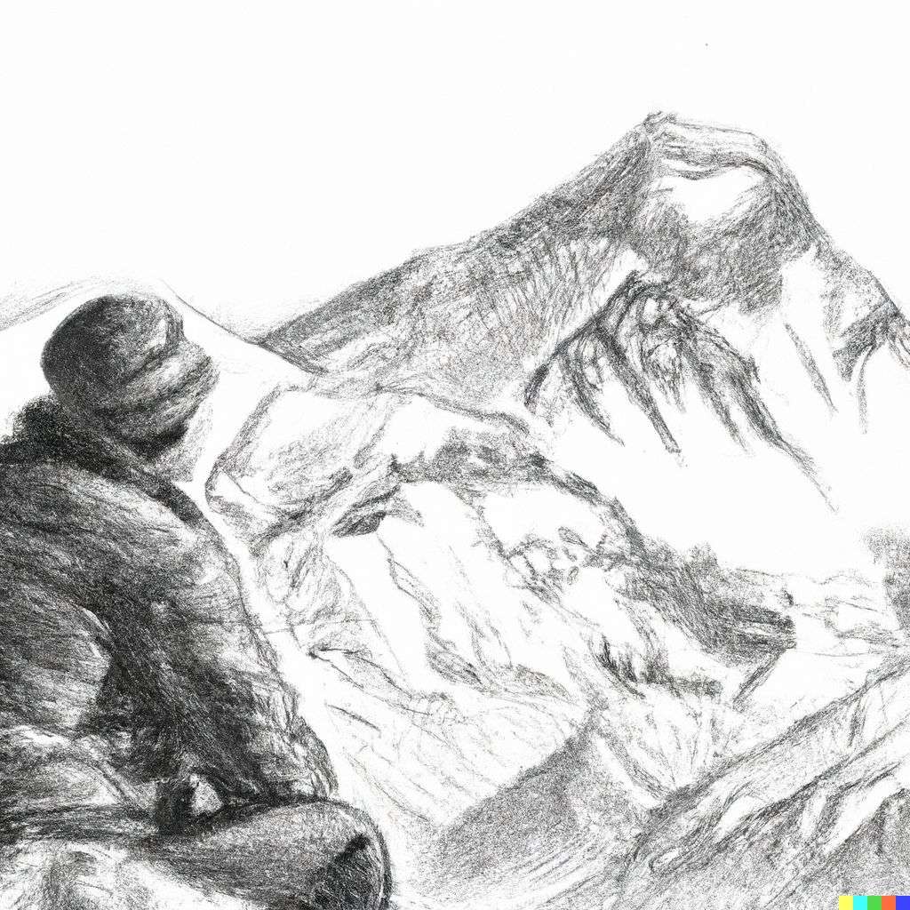 someone gazing at Mount Everest, detailed pencil sketch
